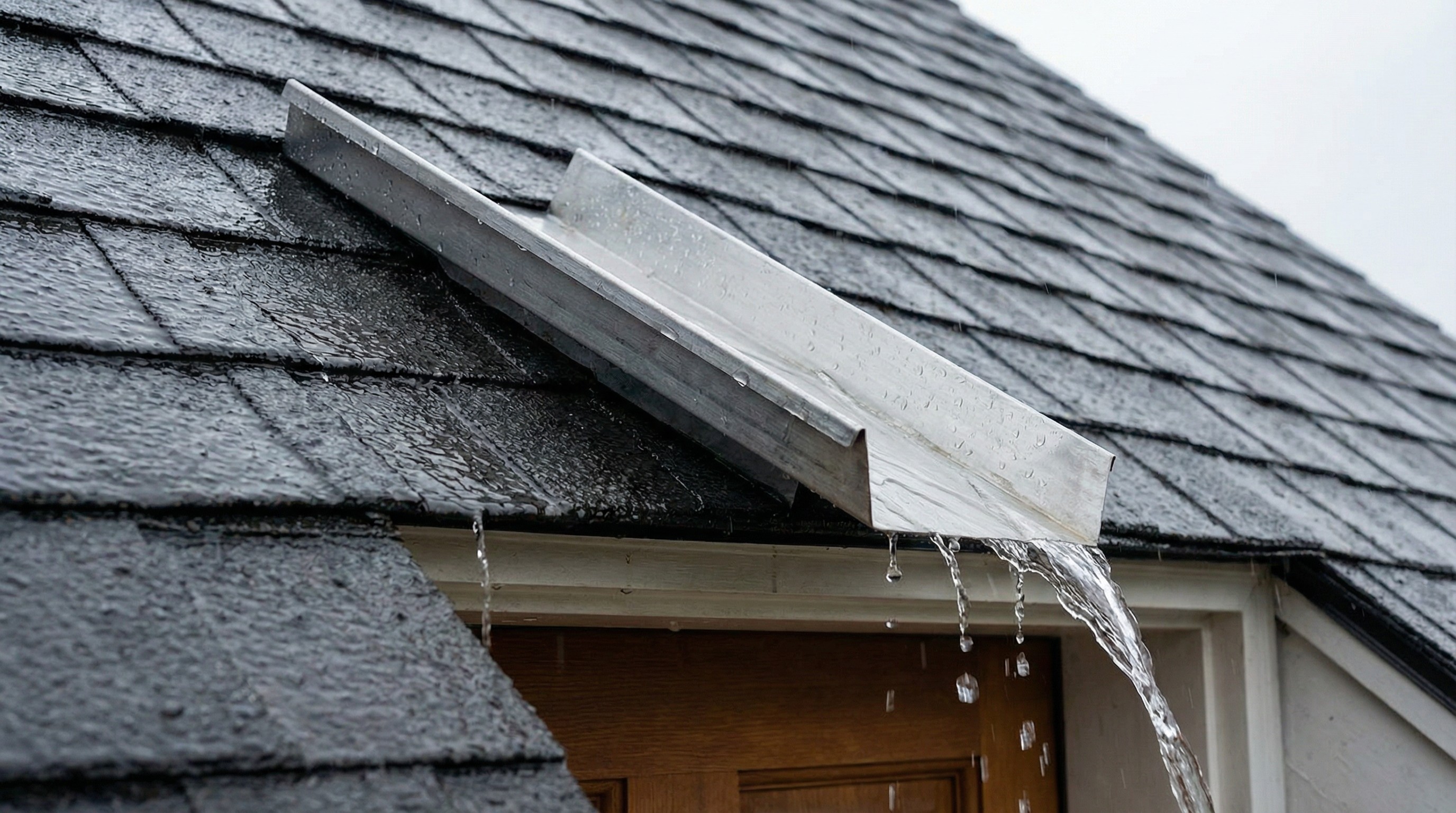 Rainwater pouring from a metal rain gutter on a dark shingle roof, with water drops falling.