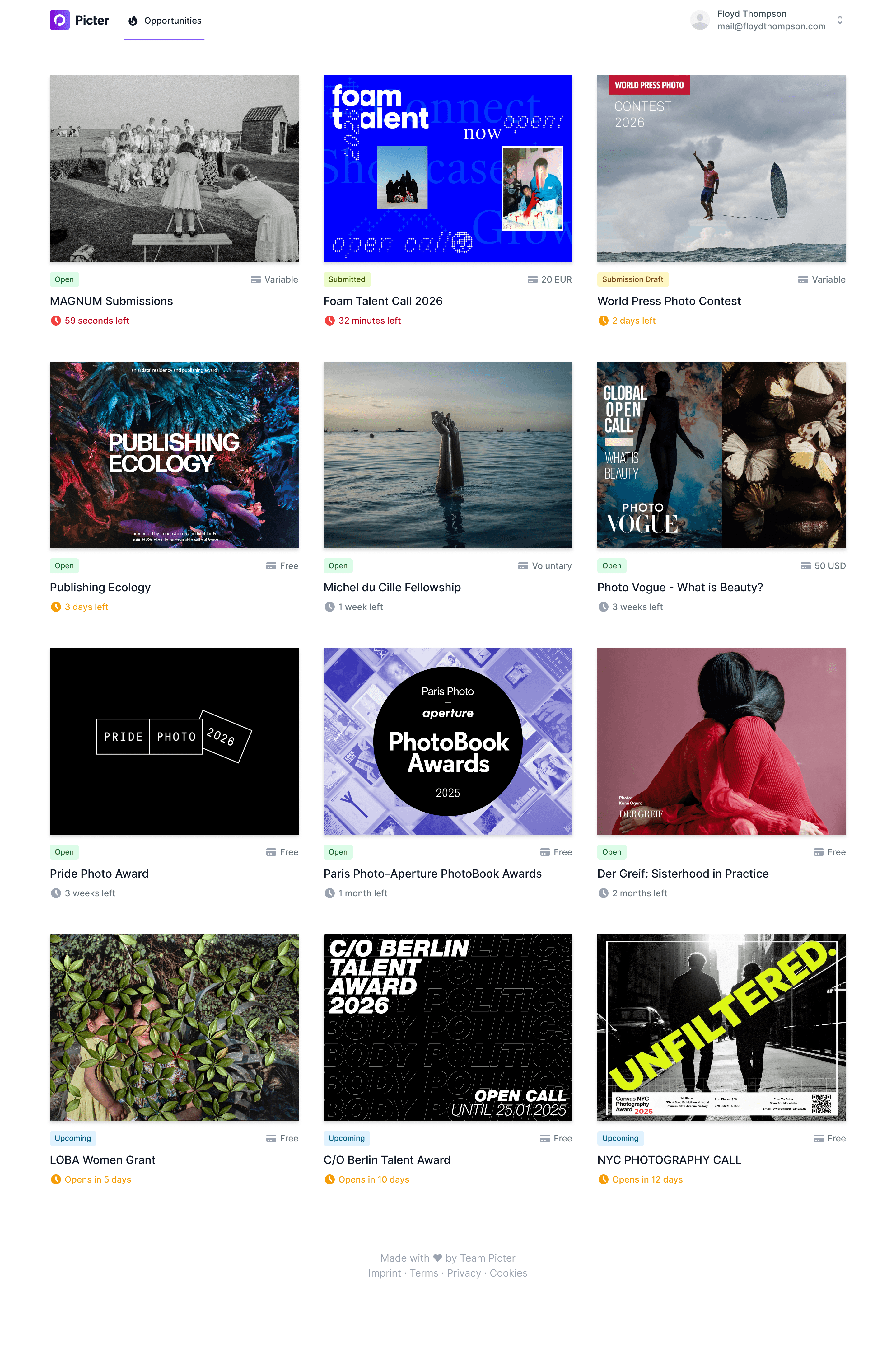 Picter Interface with a grid of open calls