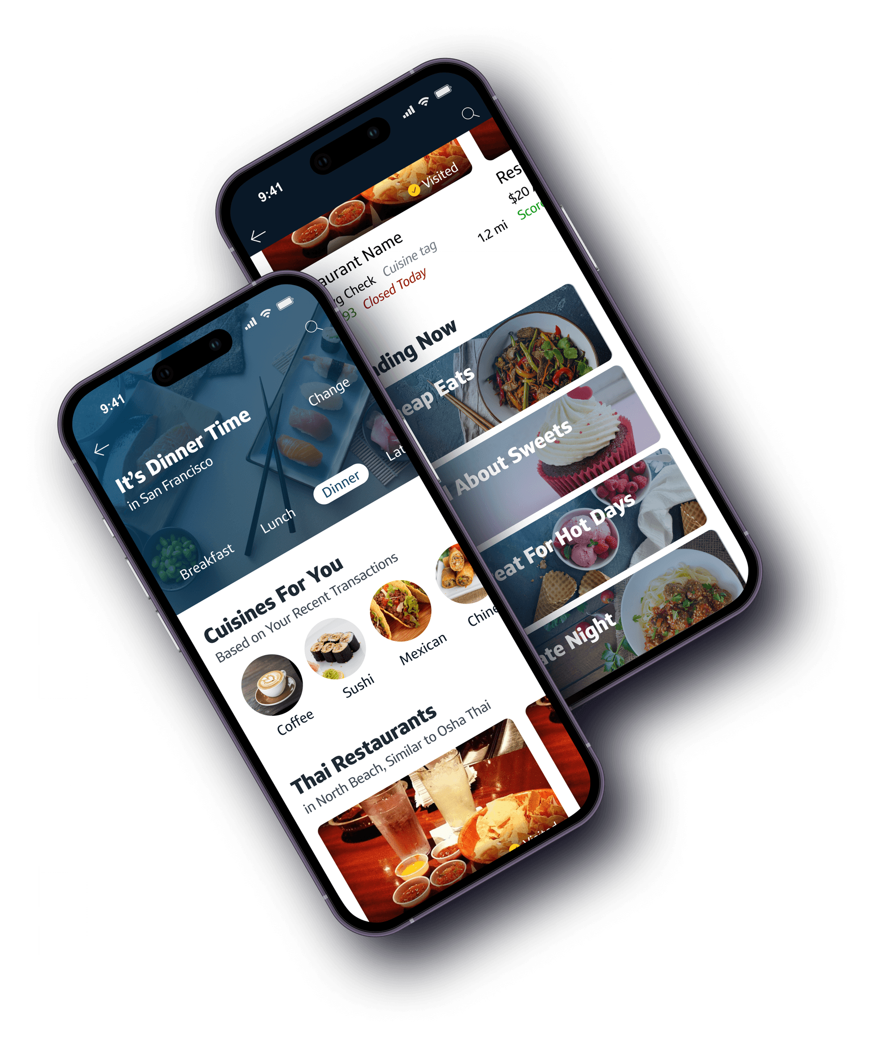 Dining Explorer iOS interface in iPhone Mockup