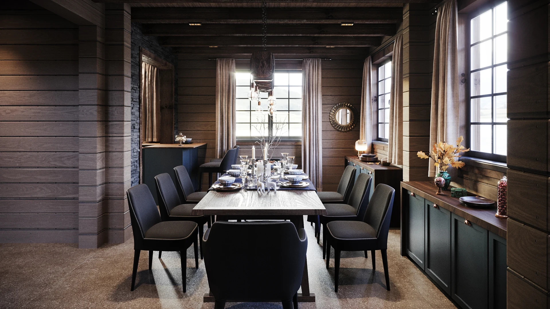 Détail de tapis à tissage plat et table basse en bois.