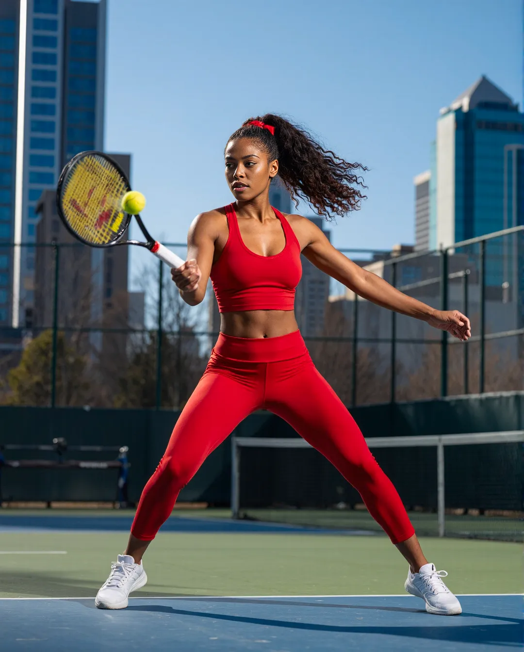 Athletic tennis player in bright red sportswear outfit hitting tennis ball on blue court with urban skyline backdrop
