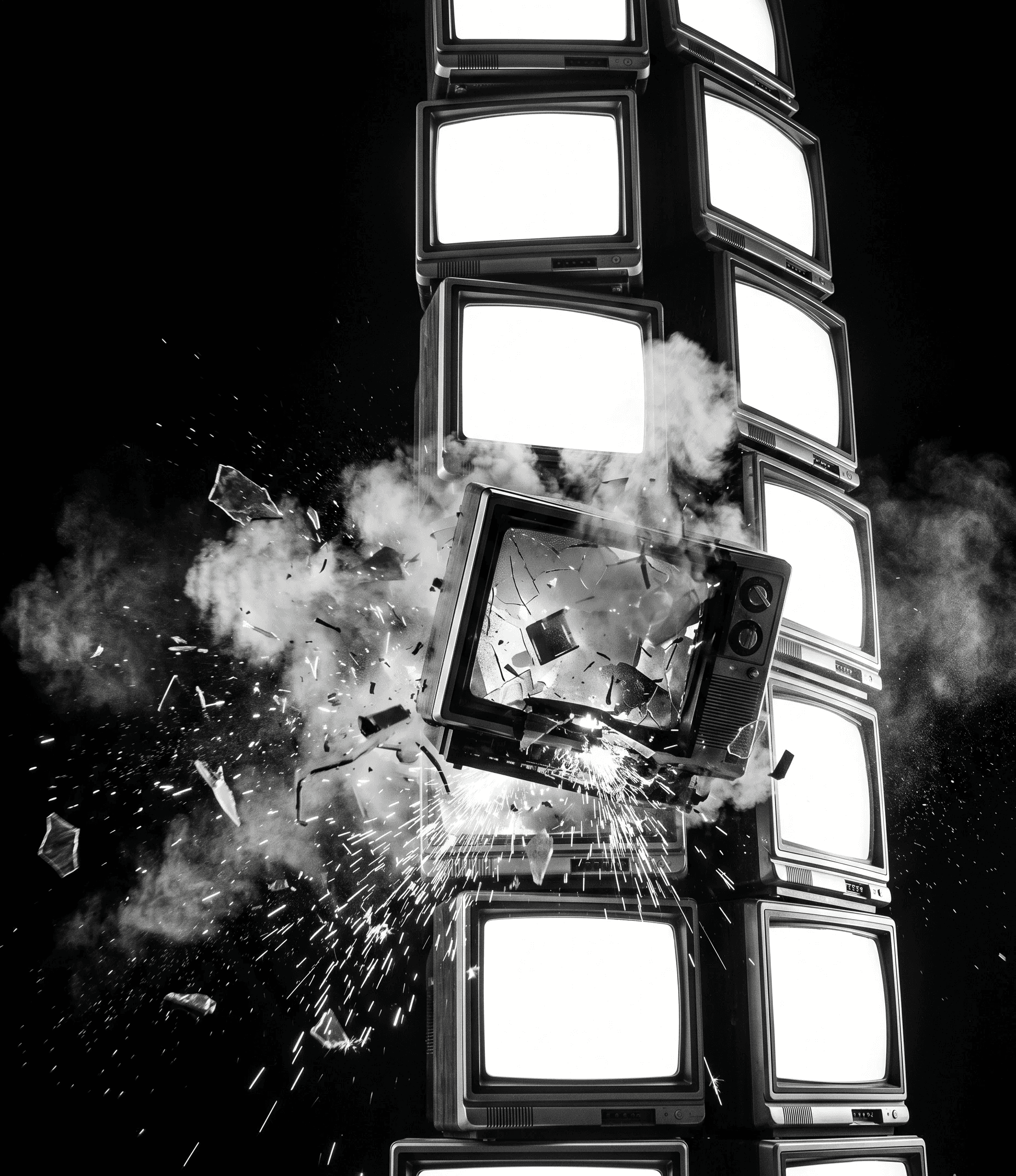 A high-contrast black and white editorial poster photograph showing a towering, totem-like vertical stack of vintage CRT monitors against a deep black void. Every screen glows with a blown-out bright white light, except for the middle one, which is violently exploding outward mid-frame in a chaotic blast of flying glass shards, billows of smoke, and cascading sparks, with volumetric dust catching the light.