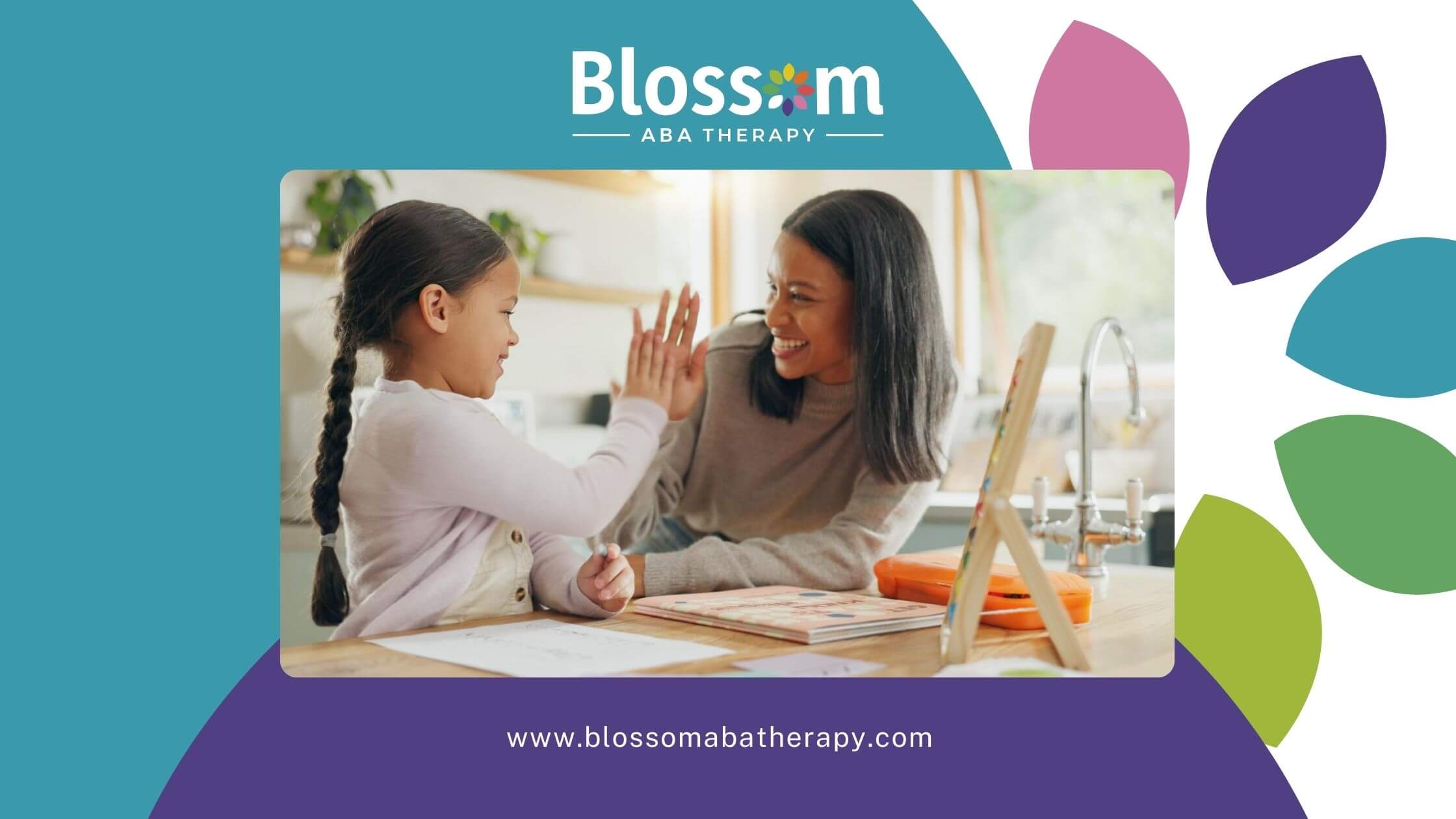 A girl with autism high-fiving her ABA therapist while smiling during an ABA therapy session at home.