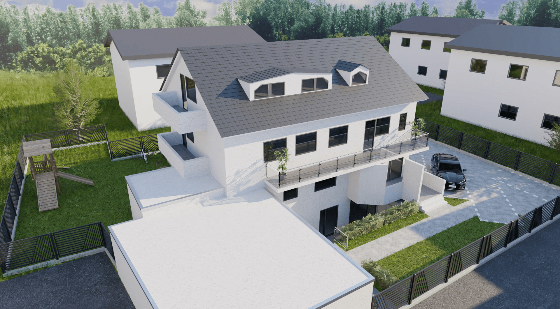 Rendering des modernen, lichtdurchfluteten Badezimmers einer Eigentumswohnung in der Petrastraße 10, Bad Salzuflen