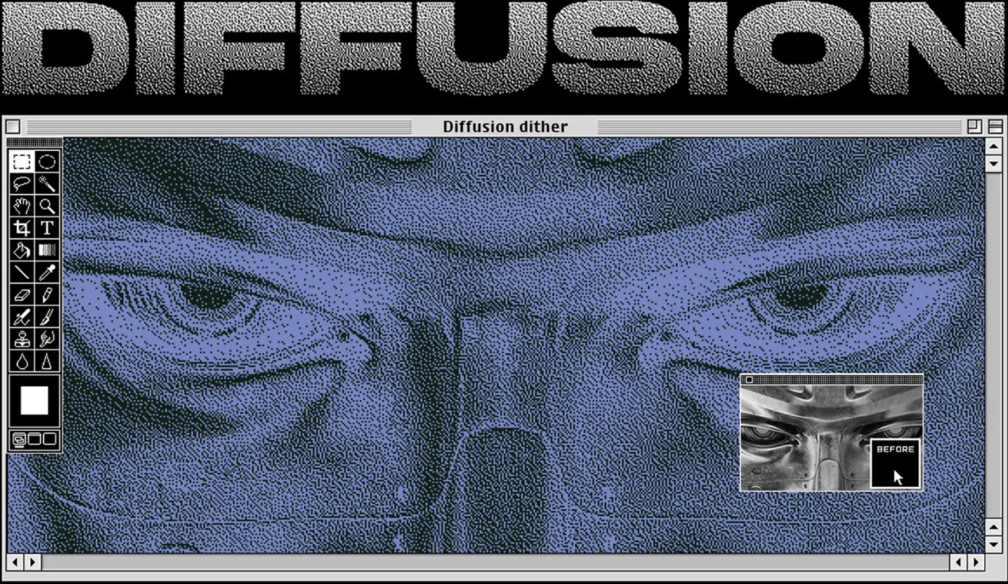 Close up of the blue diffusion dither effect creating a grainy 90s computer screen look