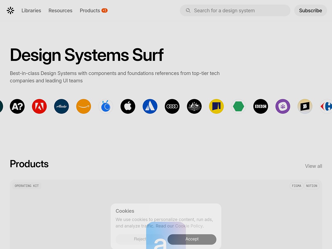 Design Systems Surf page with tech logos and cookie consent pop-up.