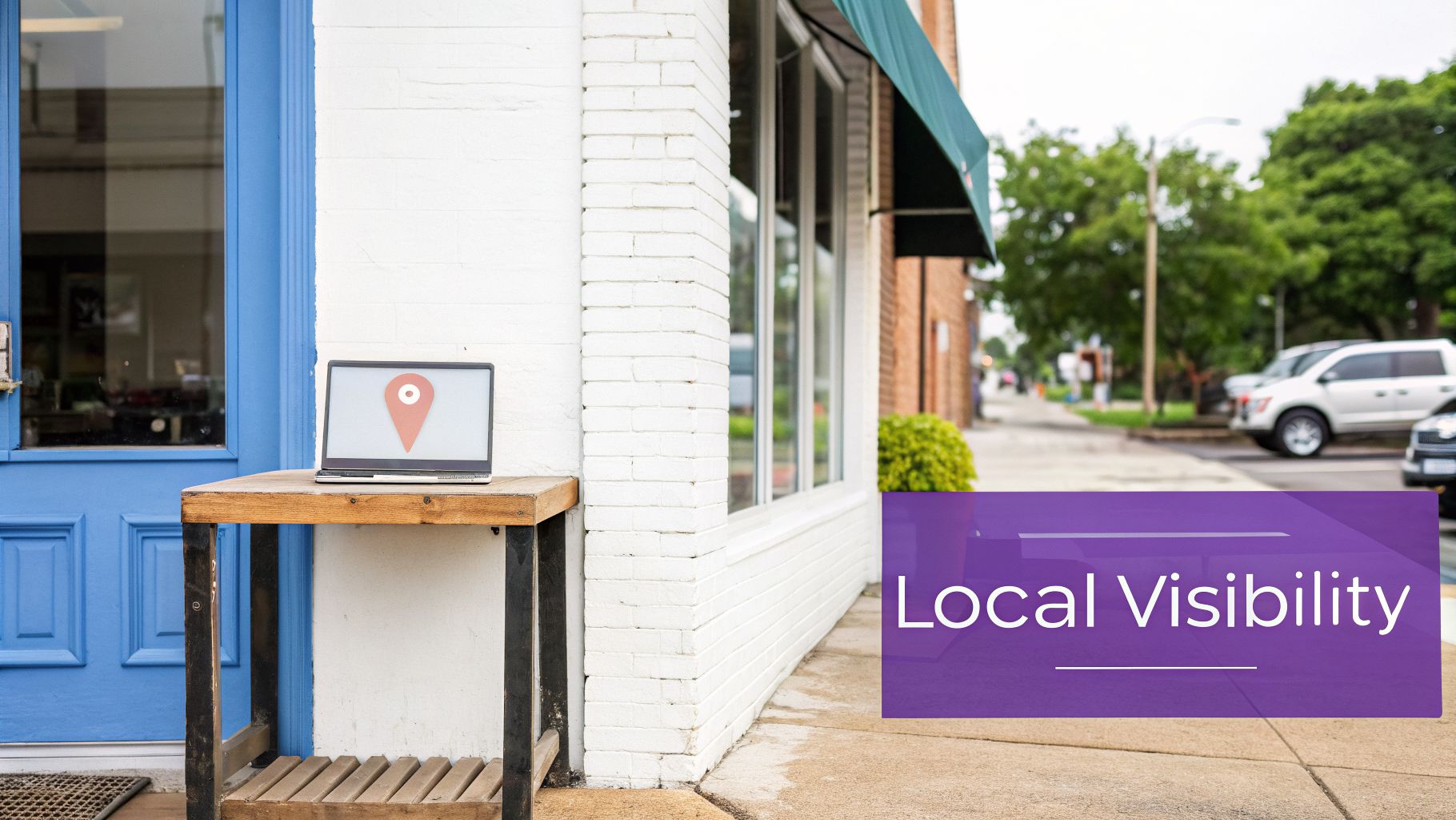 Laptop with map pin icon outside a local storefront, promoting local business visibility.