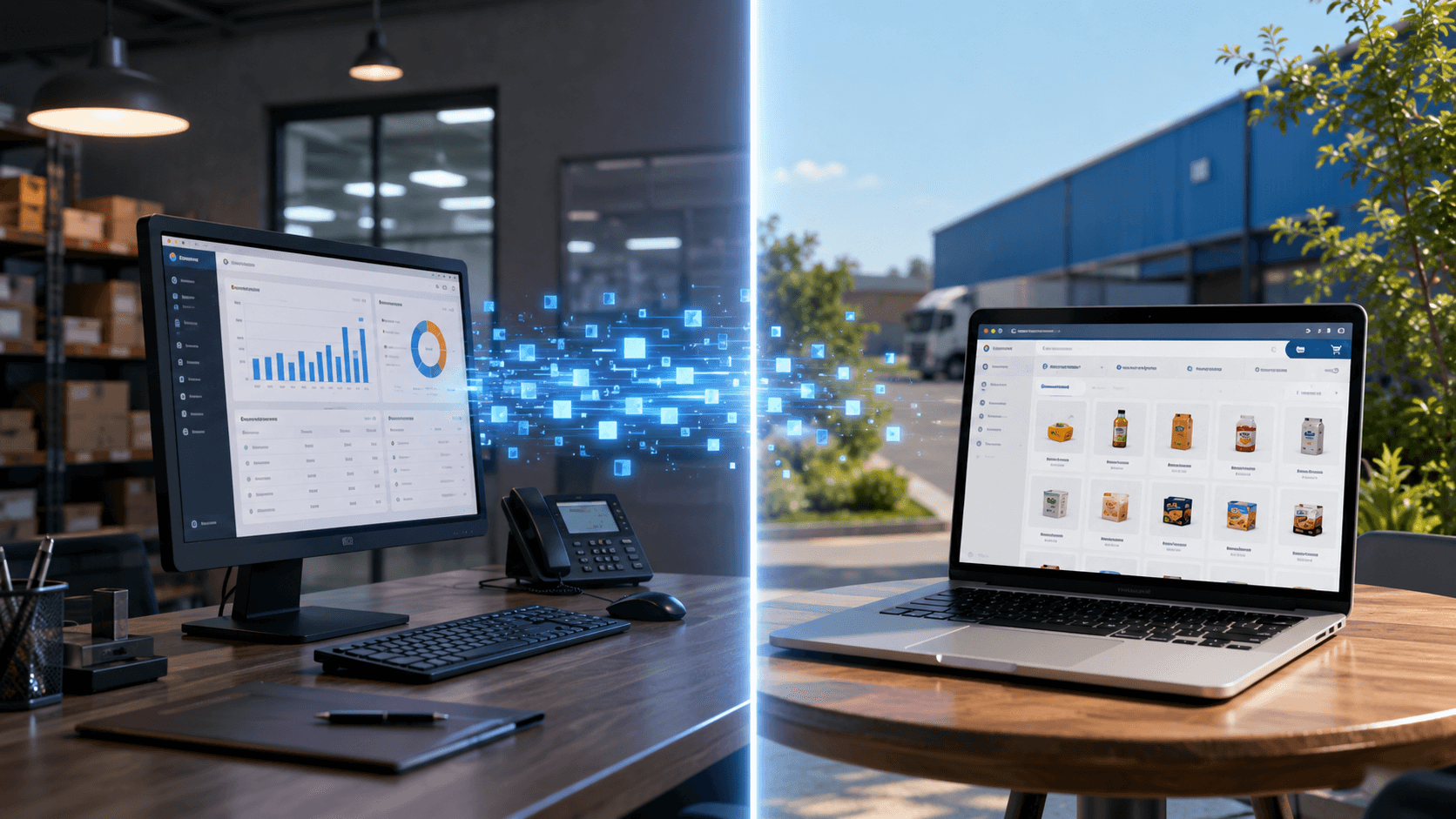 Ilustração realista em 3D de um ambiente de distribuidora mostrando dois sistemas digitais complementares. Em primeiro plano, uma mesa corporativa com monitor exibindo dashboards operacionais e indicadores internos de gestão de pedidos. Ao fundo, prateleiras de estoque e ambiente administrativo. Ao lado, um notebook exibindo um catálogo digital de produtos voltado para clientes, conectado visualmente ao sistema interno por elementos gráficos de fluxo de dados. A cena representa a integração entre a operação interna da distribuidora e o canal digital de vendas para clientes, sem pessoas e sem textos na imagem.