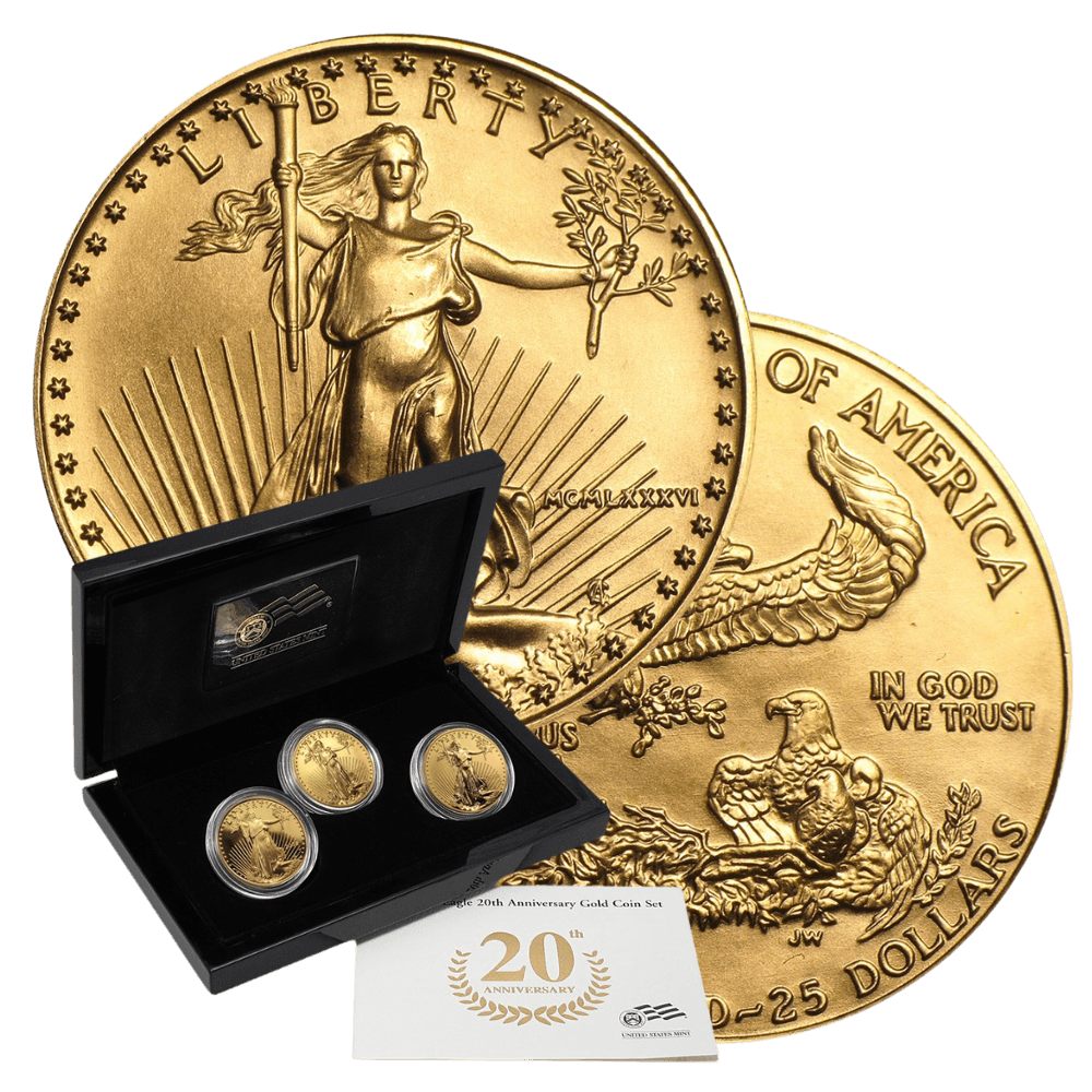 A 20th Anniversary American Gold Eagle coin set in a black display box alongside historical Gold Eagle coins.