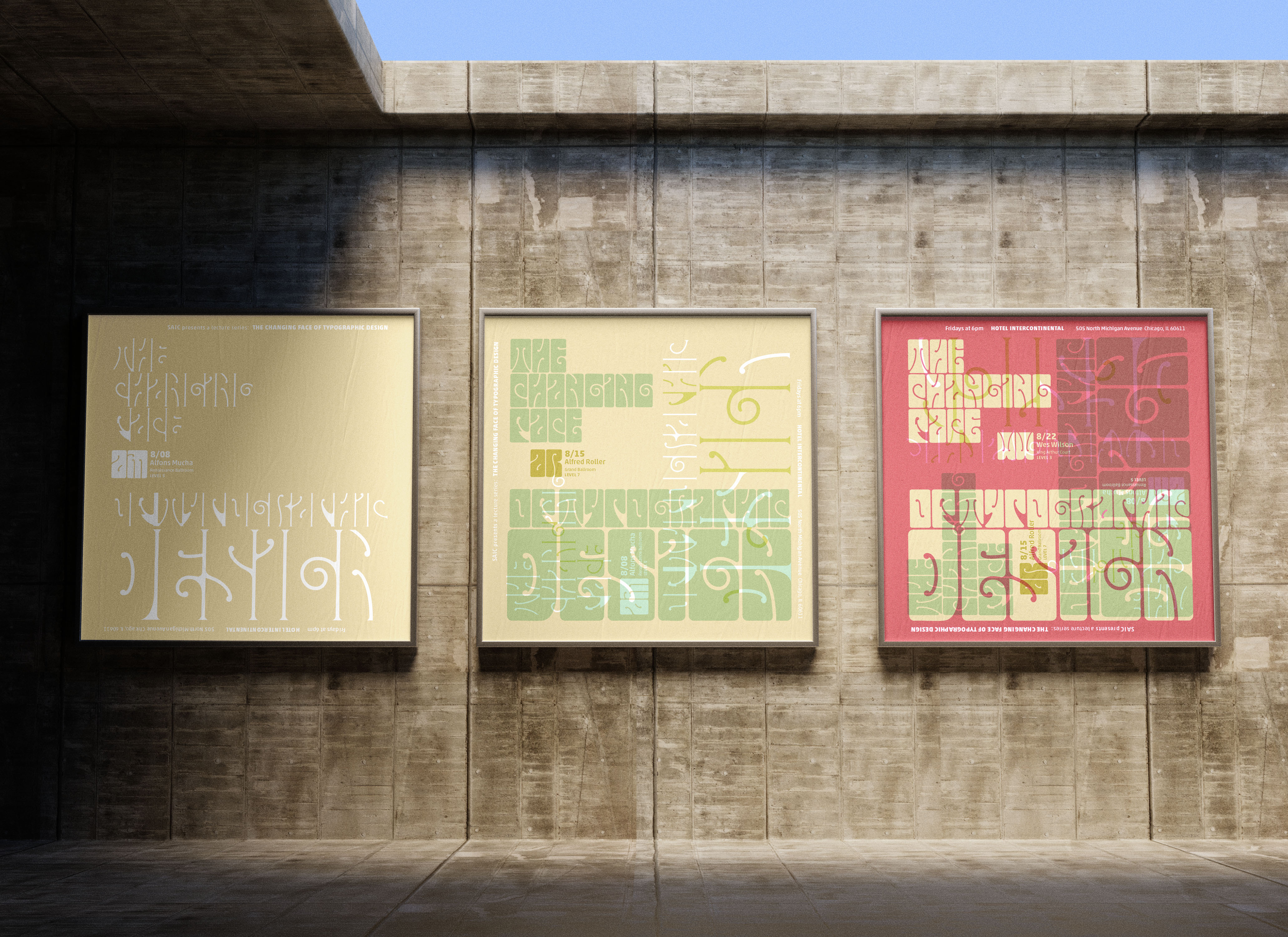 Mockup for a series of event posters layering color and type to carve letters out of abstract, vinelike forms.