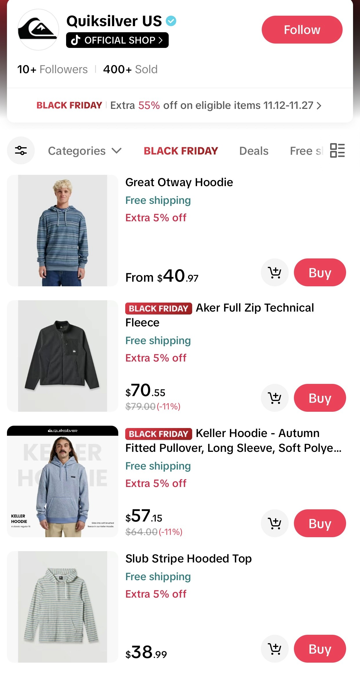 Quiksilver US shop page in TikTok Shop