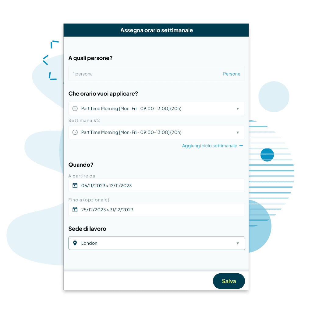 Schermata di Fluida dell'assegnazione dell'orario settimanale, con possibilità di impostare orari settimanali che si ripetono nel tempo con schemi ricorrenti