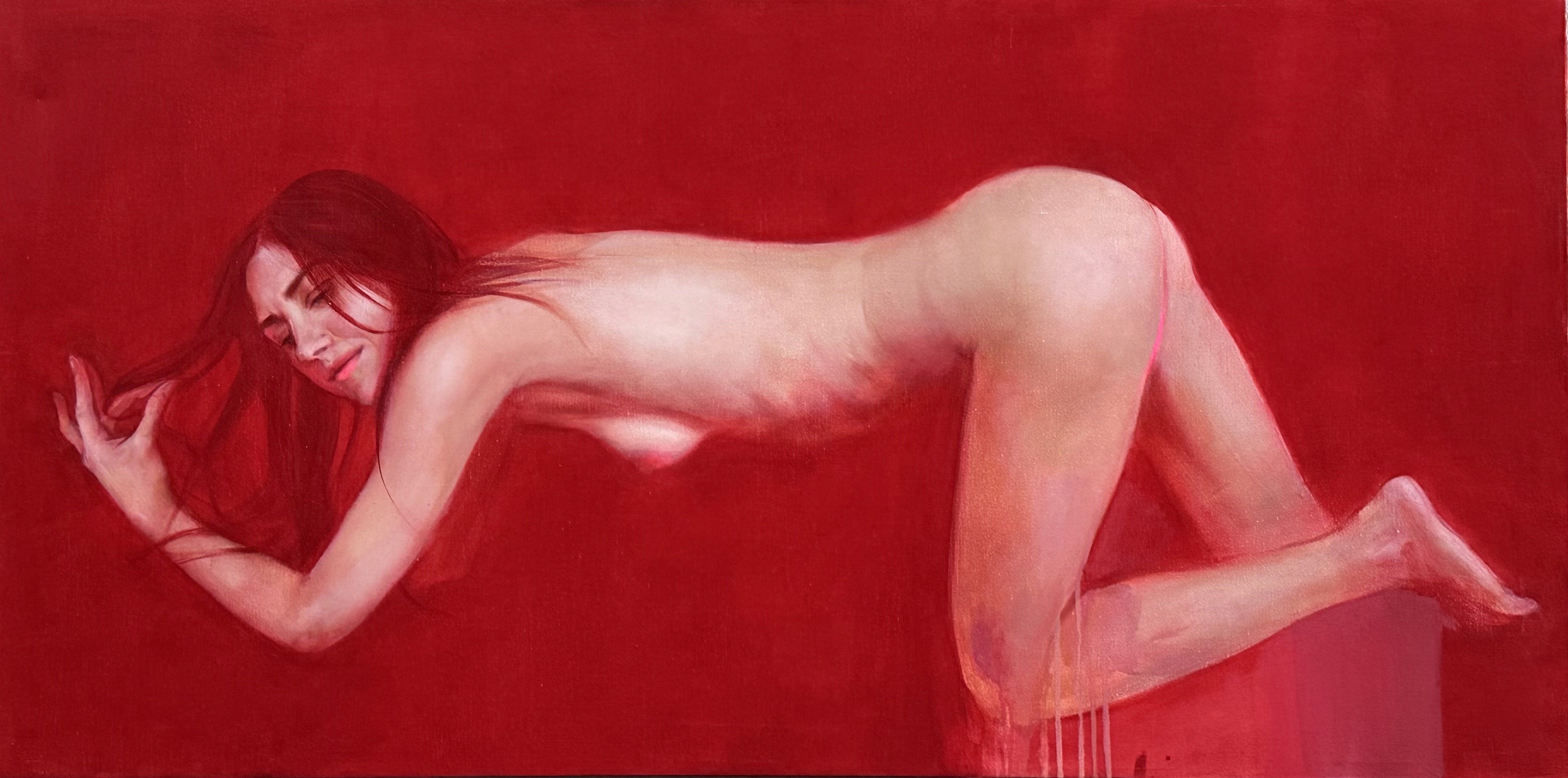 A minimalist painting in vibrant red tones depicts a reclining female figure with long hair, delicately positioned on hands and knees against a solid red background.
