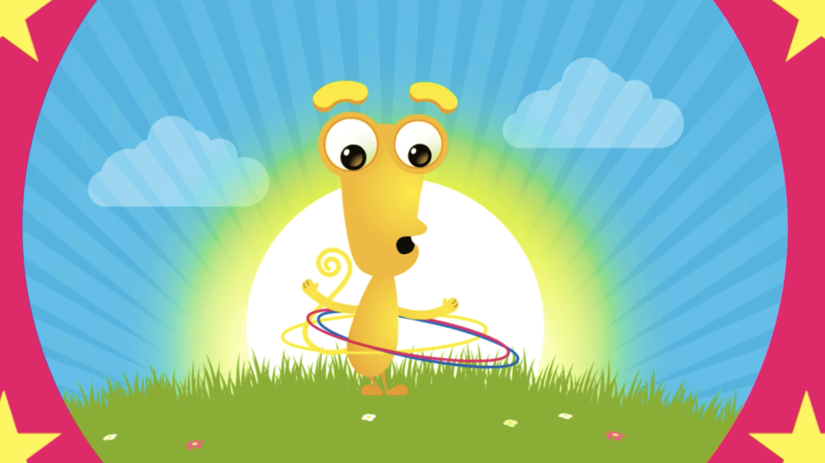 An illustrated children's character hulahooping in a grass field as the sun shines behind them