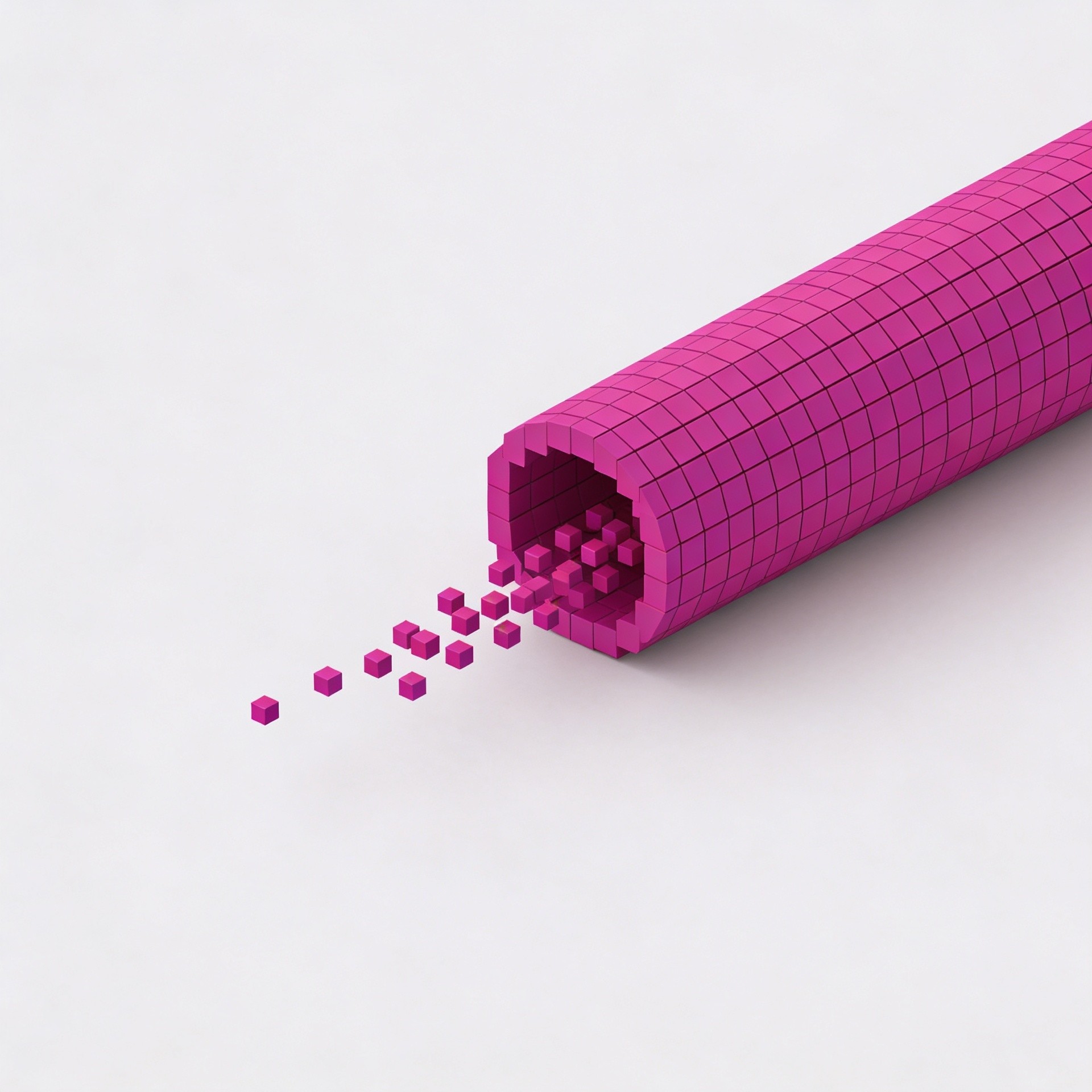 Pink voxel pipeline symbolizing automated content publishing