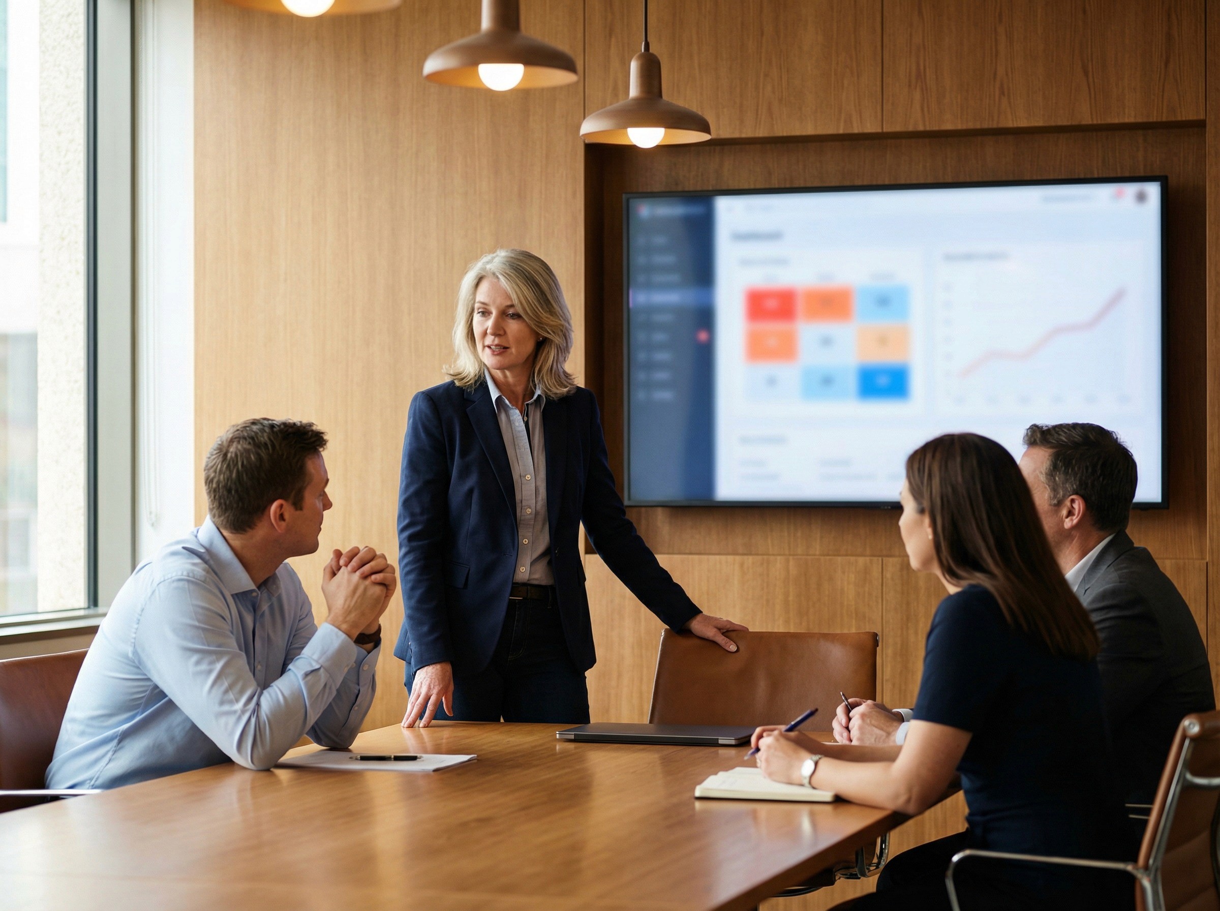A chief people officer in her early 50s standing at the head of a boardroom table, presenting to three seated executives. She is standing confidently with one hand resting lightly on the back of a chair, speaking mid-sentence. On the wall-mounted screen behind her, a dashboard with heat-map-style colour blocks and a trend line is faintly visible but not legible.