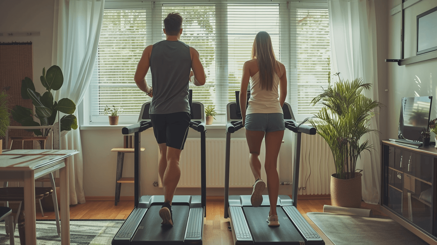 Couple jogging on a treadmill for cardiovascular exercise in a body recomposition plan.