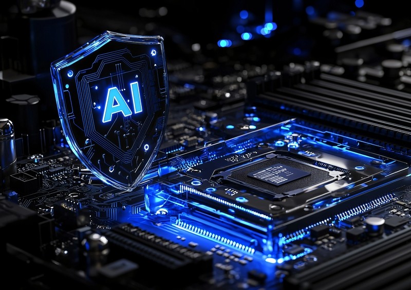 Close-up of a computer motherboard with a glowing blue AI security shield.
