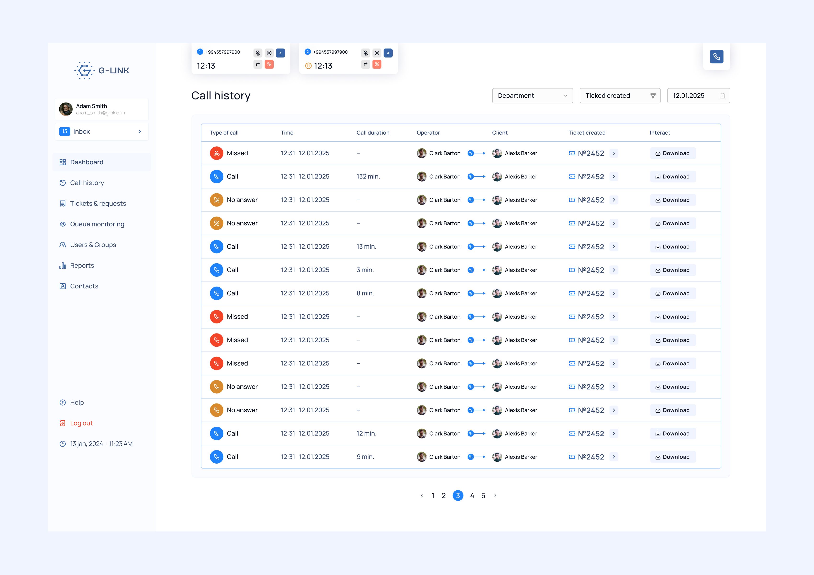 Full G-link call history interface displaying call types, timestamps, operators, clients, and ticket links.