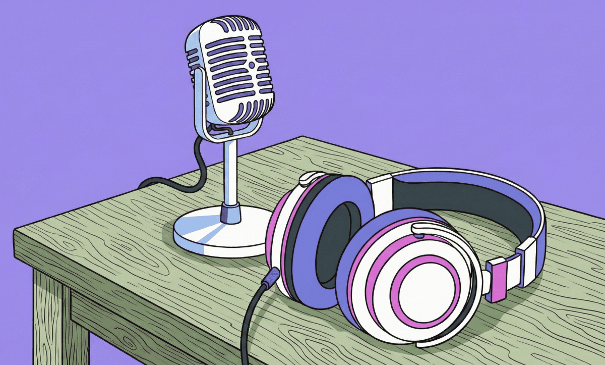 Podcast microphone and studio headphones resting on a wooden table.