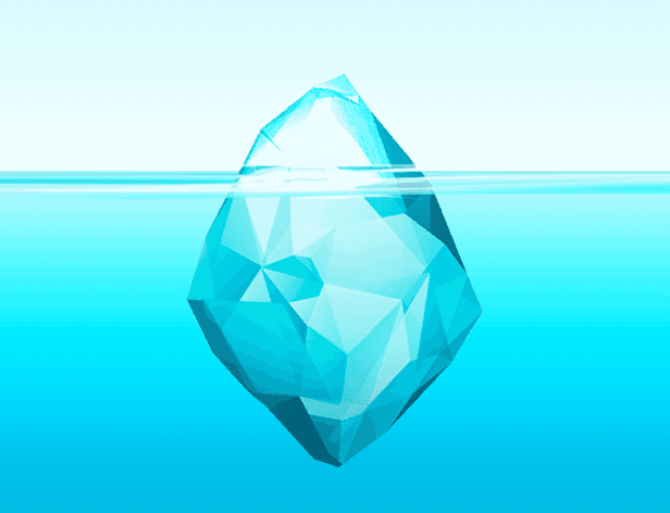A teardrop-shaped, faceted object floats in blue water. The object’s surface is composed of triangular facets, and its base is submerged. The water’s surface is visible above and below the object, with a horizontal line separating the two. The background is a gradient of light blue and white.