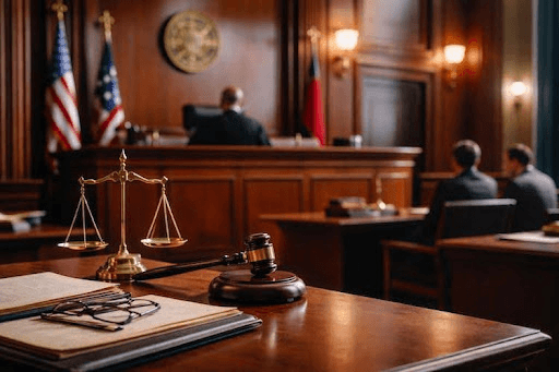 court room showing a close up of a gavel and a book