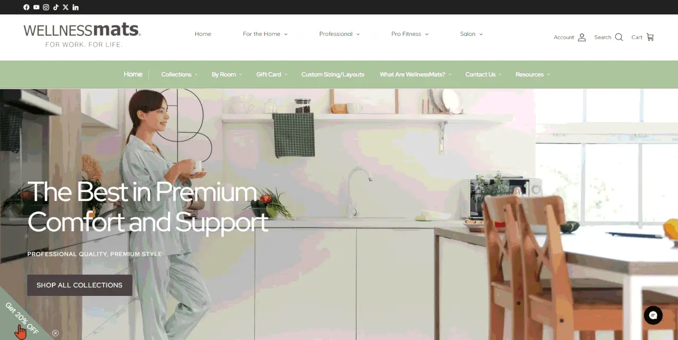  20% off discount popup with a teaser element in the bottom left corner.