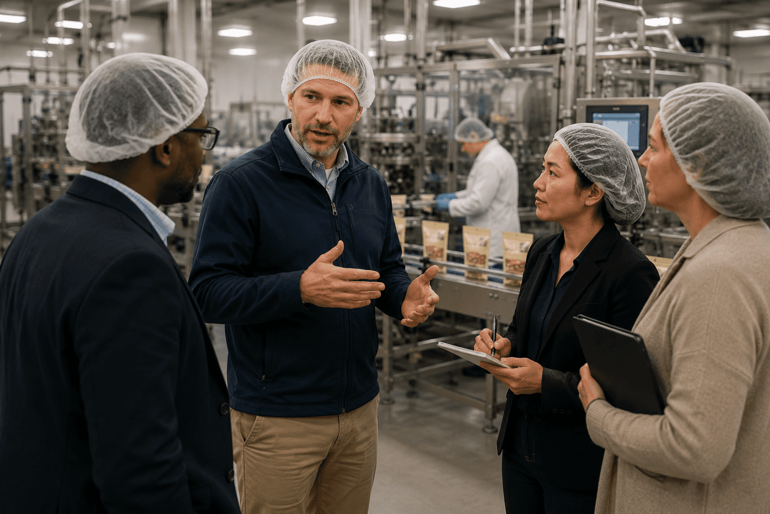 People reviewing project samples and packaging together
