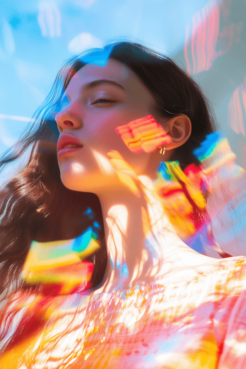 Monochrome portrait of woman with long hair, eyes closed, distorted with abstract transparent plastic overlay.