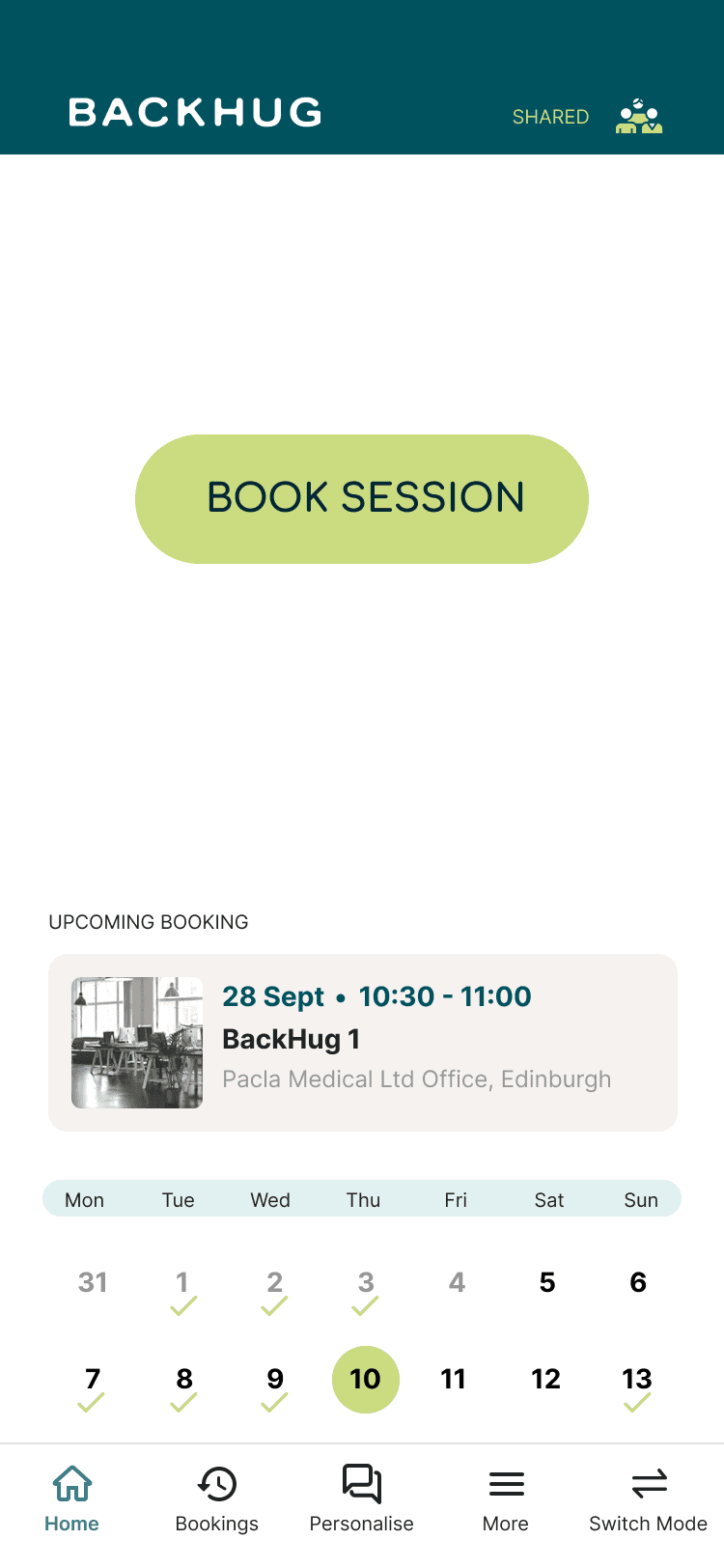 BackHug app screen showing where users book a session