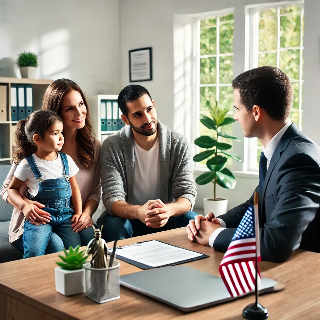 Digital illustration of a desk with an open I-485 adjustment of status form, a laptop showing the USCIS case tracker webpage, and a wall calendar marked with multiple waiting dates, symbolizing the timeline of the green card application process.