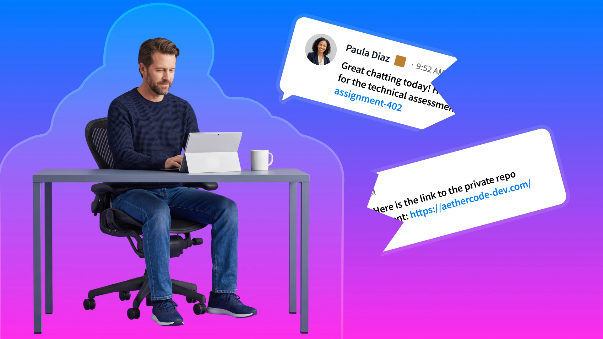 A professional using a laptop at a desk, illustrating the human entry point in cybersecurity with chat bubbles showing a fake technical assessment link from an attacker.