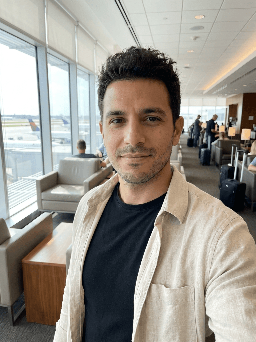 A man in a casual shirt takes a selfie in a modern airport lounge with large windows, surrounded by travelers seated on comfortable chairs, with a view of a plane outside on the tarmac.