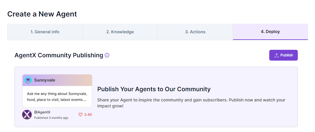 AgentX AI agent publishing dashboard screenshot.