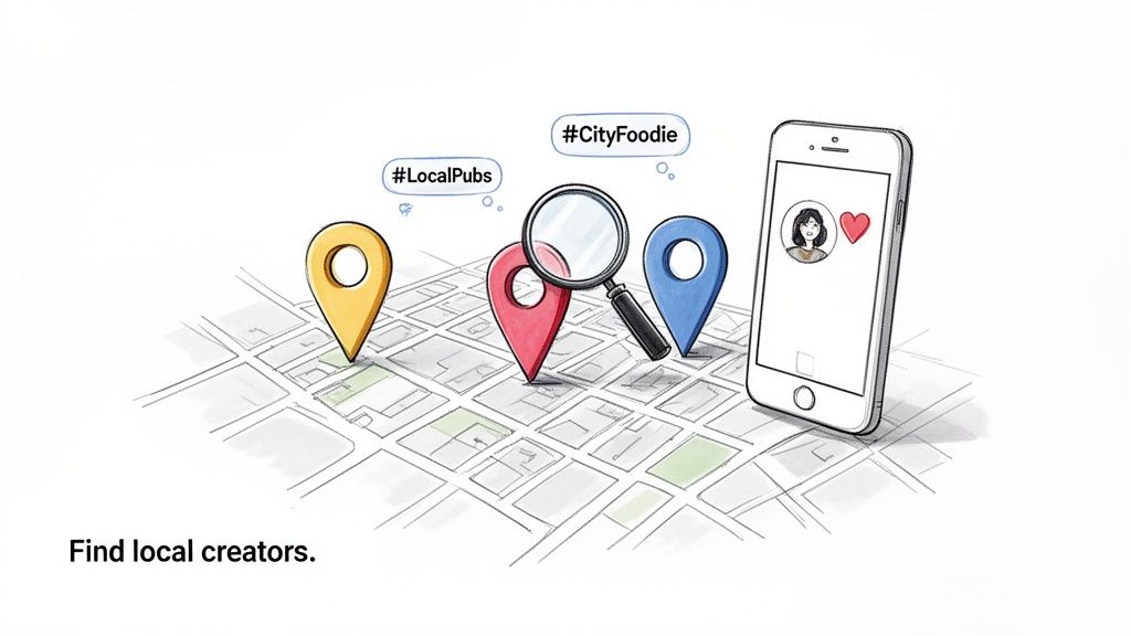 A map with local pins, a magnifying glass, and a smartphone, symbolizing finding local creators.