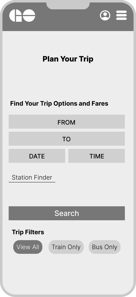 Trip planning screen with fields for origin, destination, date, time, and a Search button.