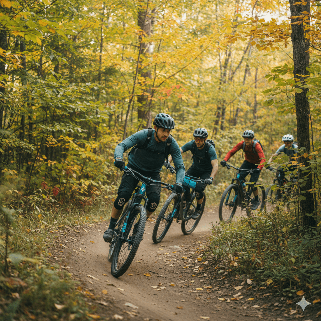 Groupe de cyclistes en gravel roulant à travers une forêt colorée en automne.