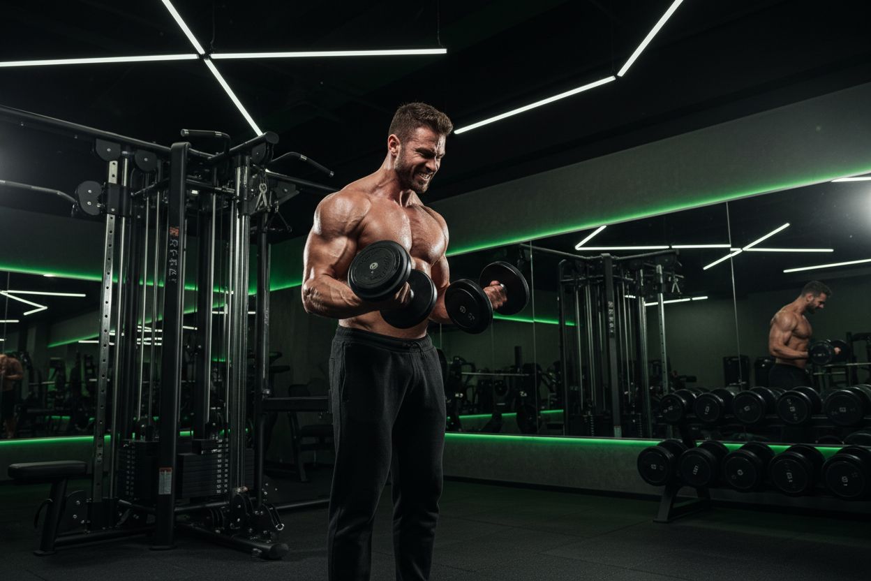Lifter using dumbbells and cable machines in a gym