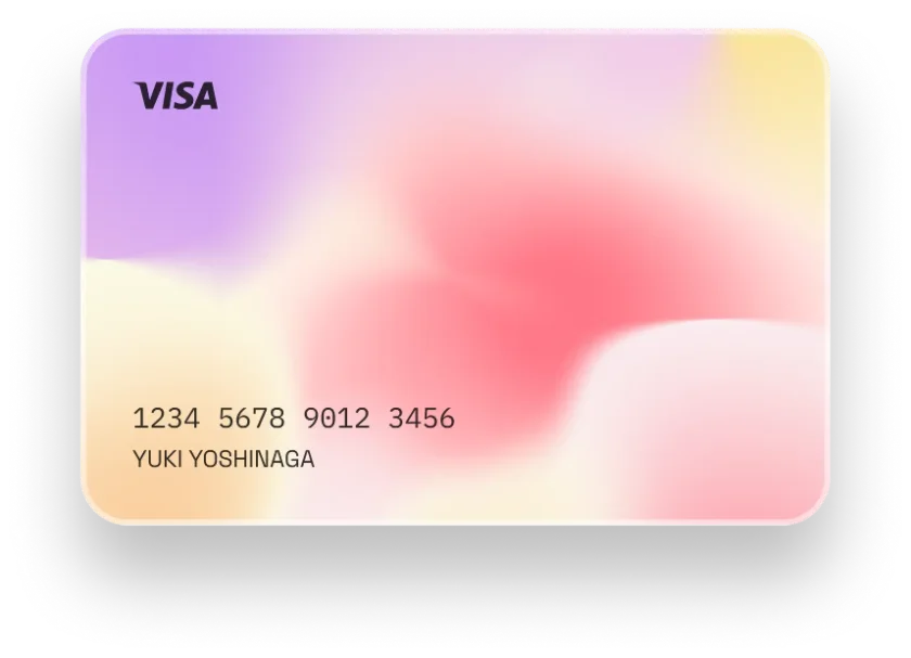 Visa credit card with gradient pastel design in purple, pink, and yellow featuring sample card number and cardholder name.