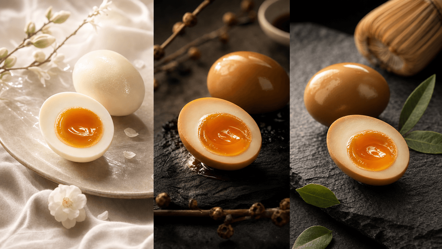 Assorted Jinyi Food eggs: classic original, soy-marinated ramen eggs, and marble tea eggs with consistent jammy yolks.