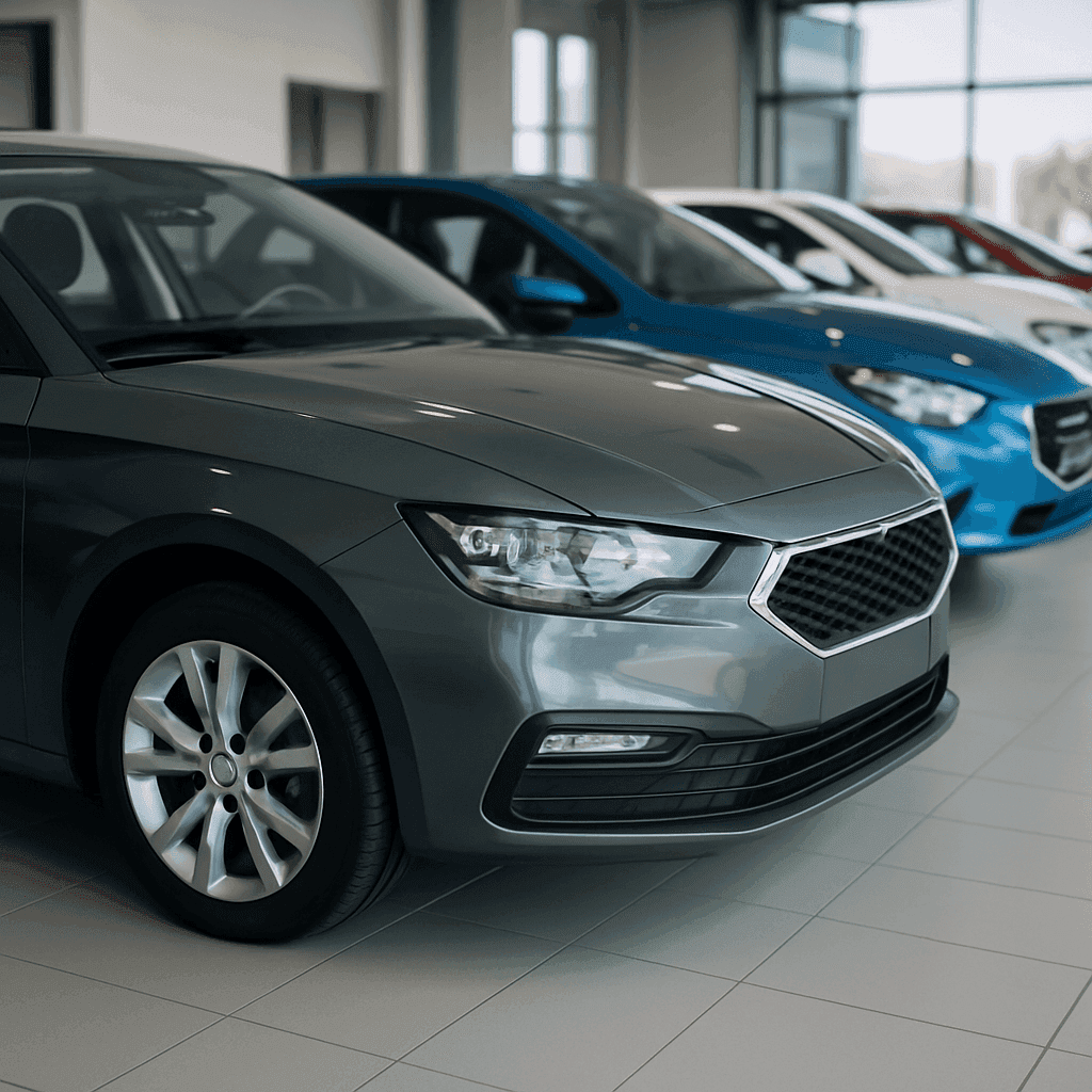 Modern cars on display in a showroom. New vehicles for sale.