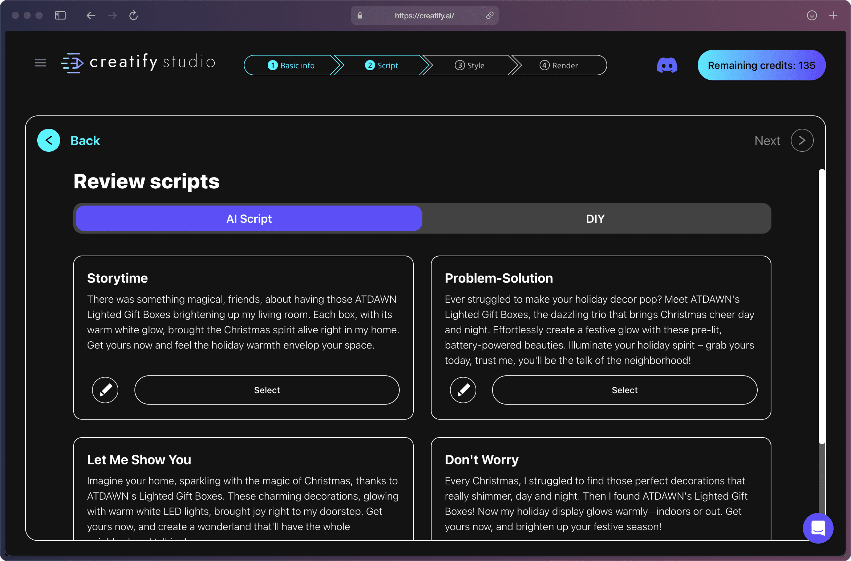 A screenshot of Creatify AI app on the “Review scripts” page with several script options under “AI scripts” purple bracket.