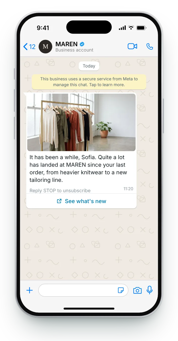 Show what arrived since their last order: WhatsApp win-back message on an iPhone