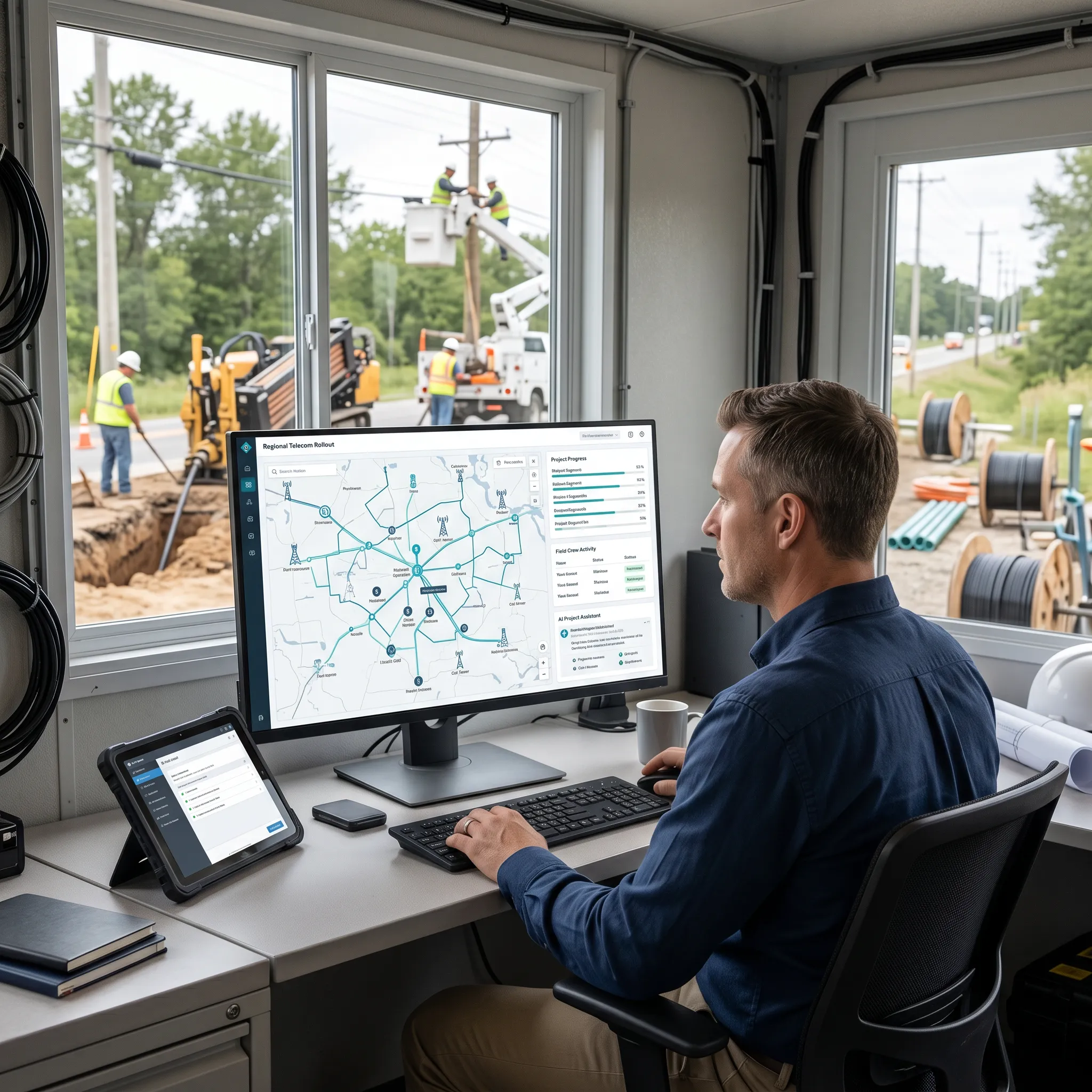 Engineer monitoring solar farm performance analytics and project data on dual screens in a site office overlooking solar panels.