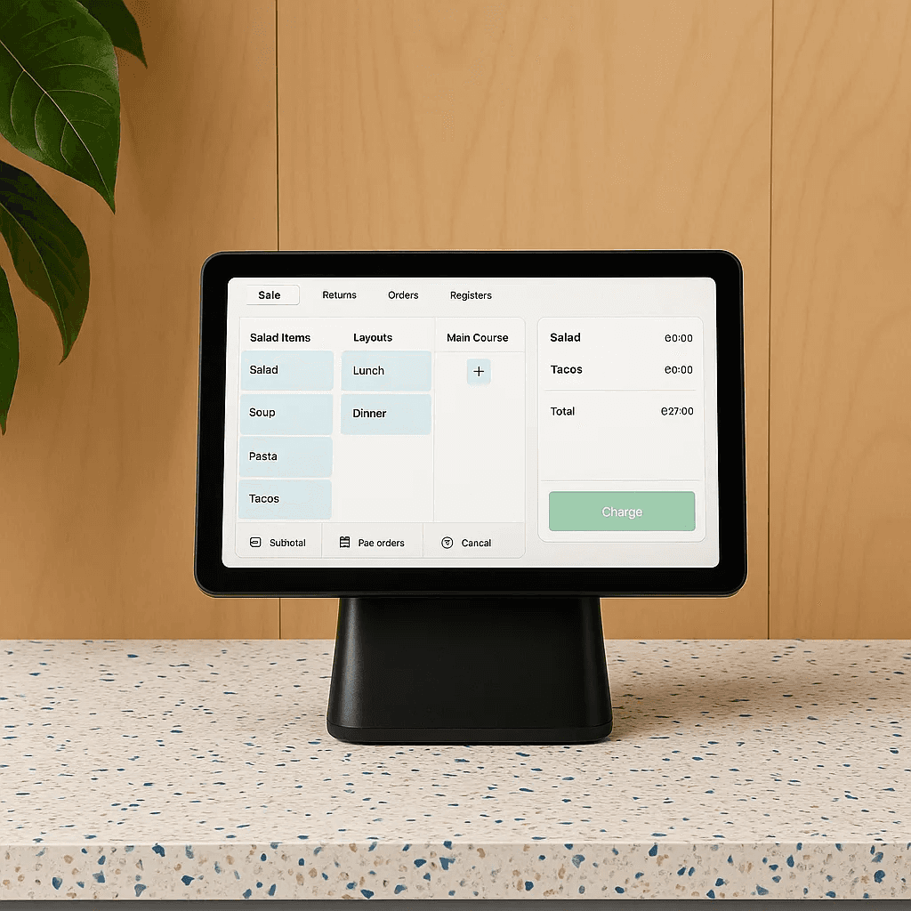 Point-of-sale screen on a counter showing an order summary with totals and change options.