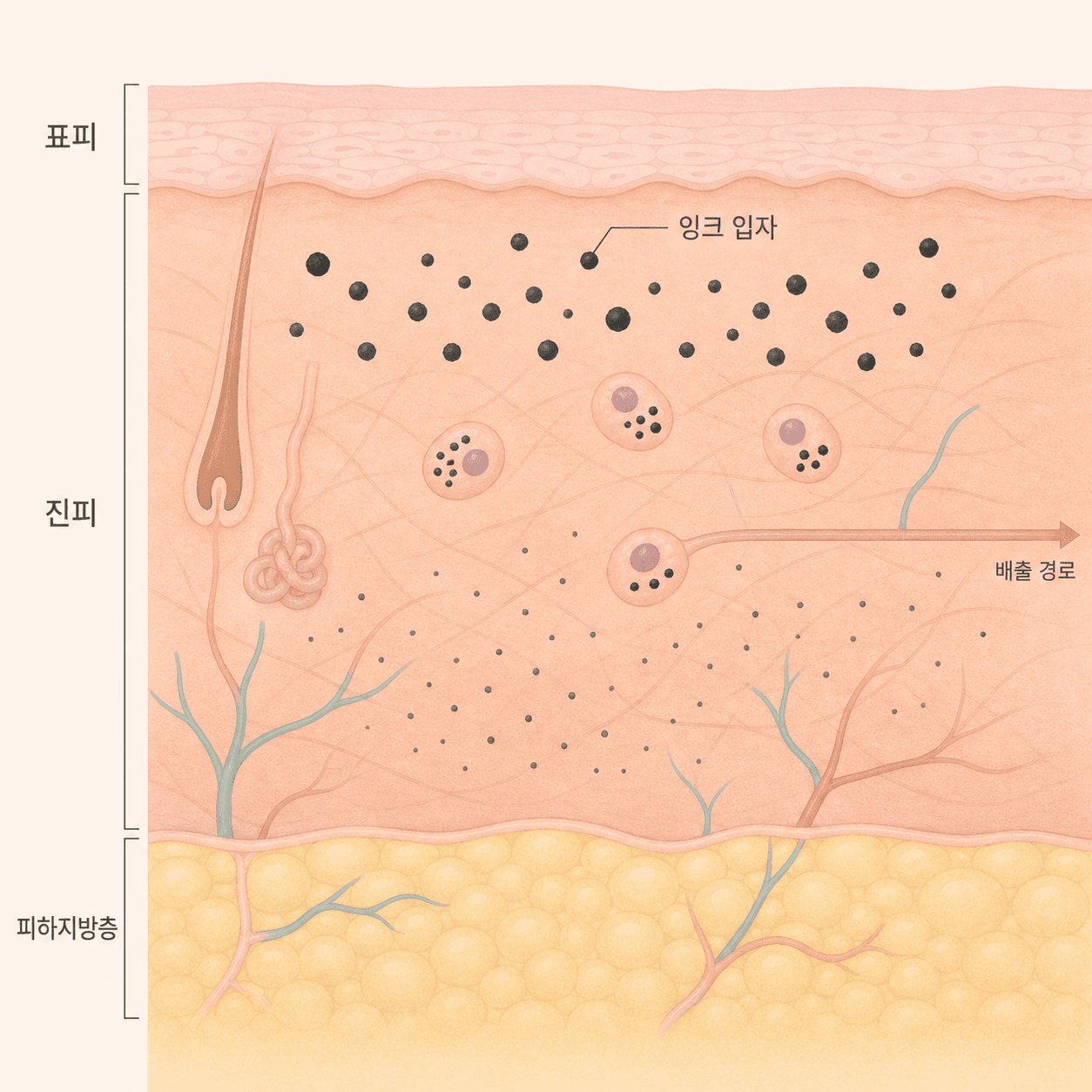 깊이에 따라 남는 잉크 입자와 몸이 이를 치워내는 경로