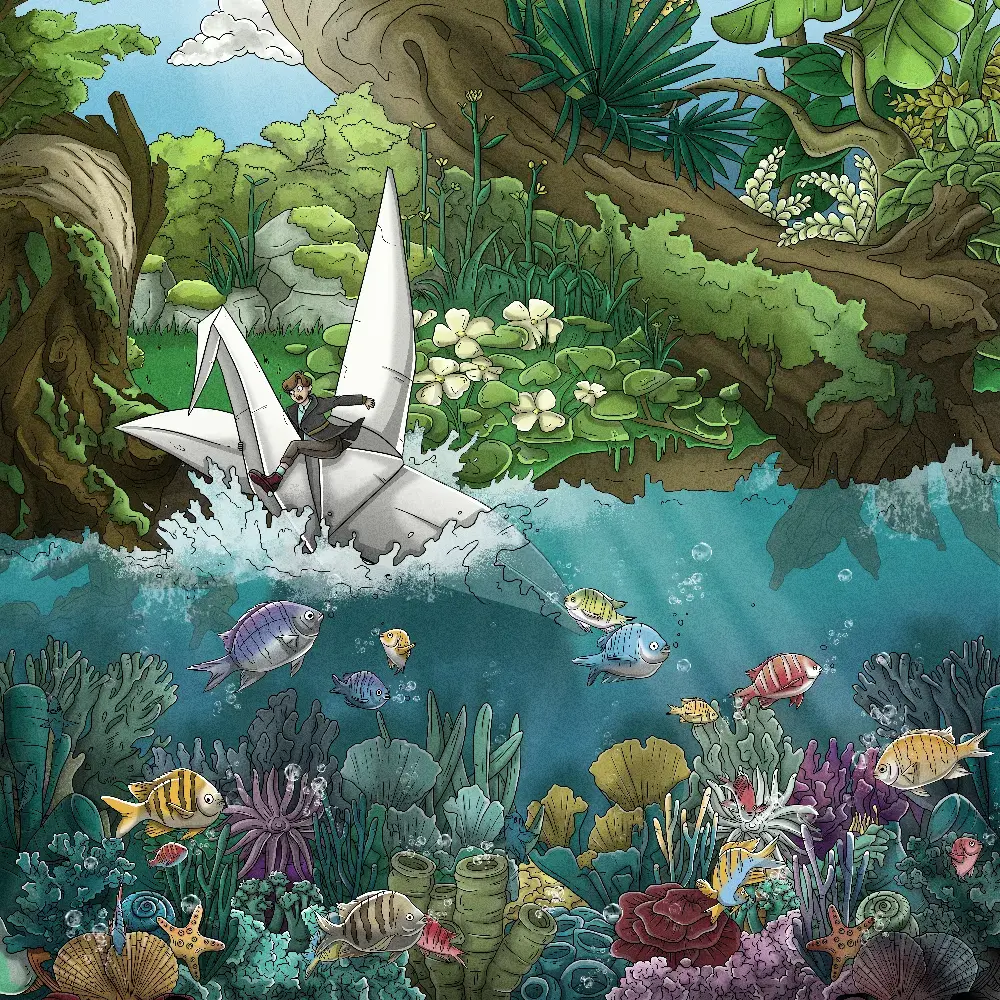 Detailed concept art of boy flying on origami bird over aquatic scenery