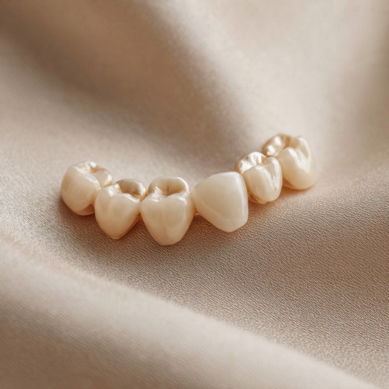 Close-up of pearl-like tooth-shaped beads arranged in a curved line on smooth beige fabric, conveying a sense of elegance and softness.