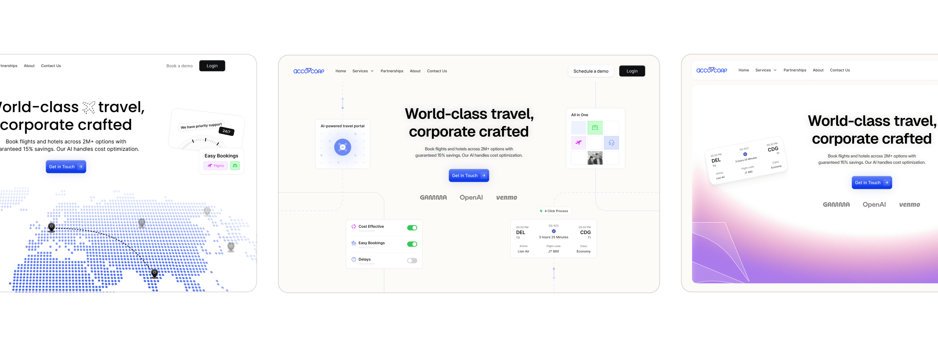 A business traveler with a suitcase gazes out a large airport window as a plane takes off, symbolizing seamless corporate travel and easy bookings, with an adjacent web interface highlighting travel services and contact options.