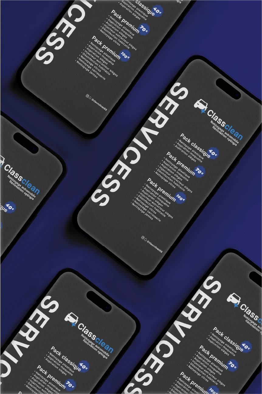Mockup de smartphones affichant la liste des services Classclean avec identité visuelle noire et bleue.